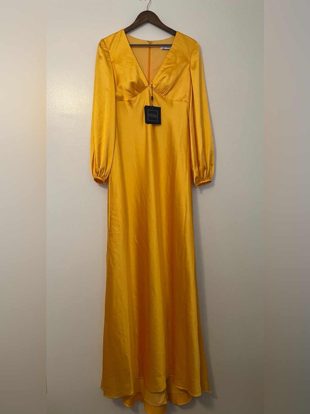 Ieena for Mac Duggal Golden Yellow Satin Long Sleeve V-Neck Gown
